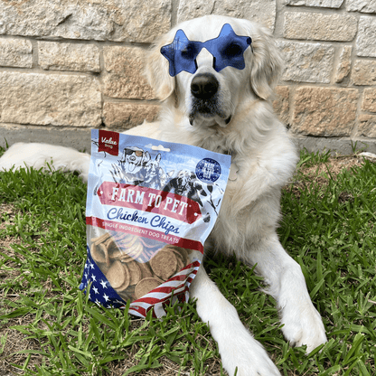 Dog in Sunglasses with Farm to Pet Americana Chicken Chips 12oz – Fun USA Dog Treats