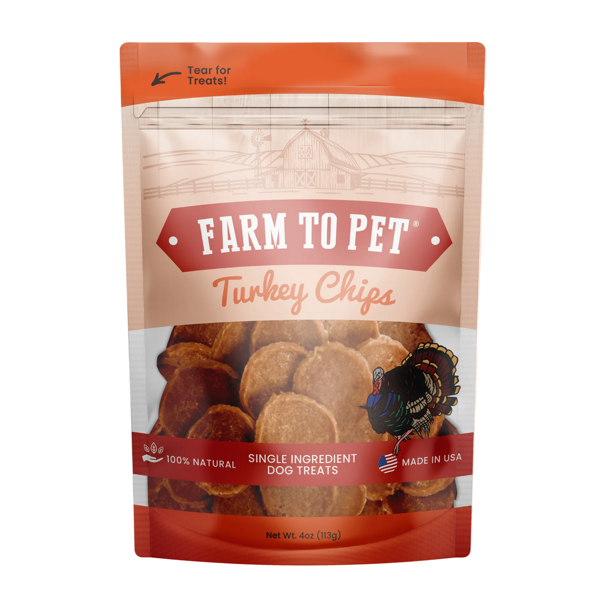 Farm To Pet Turkey Chips 4 oz stand-up pouch with a window showing the round turkey chips