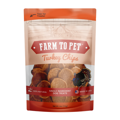 Farm To Pet Turkey Chips 4 oz stand-up pouch with a window showing the round turkey chips