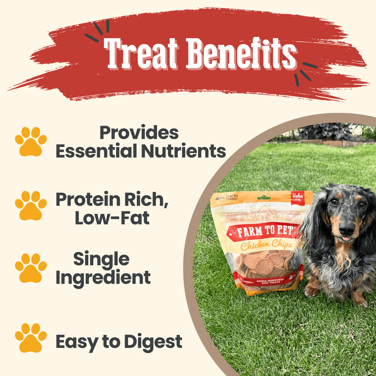 Farm To Pet Chicken Chips product highlights graphic
