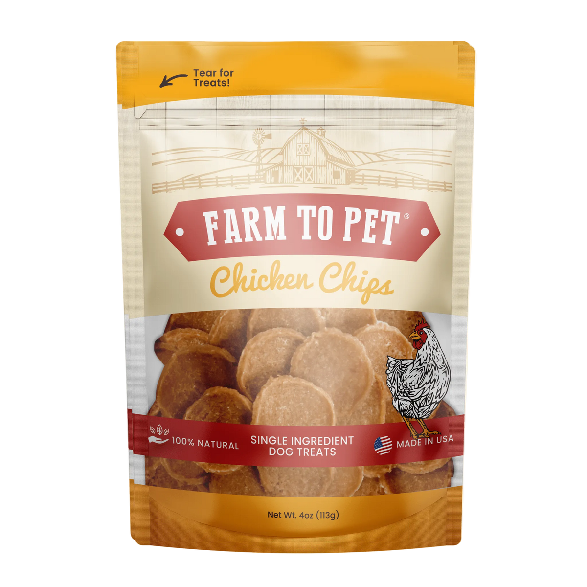 Farm To Pet Chicken Chips for dogs 4 oz bag, front