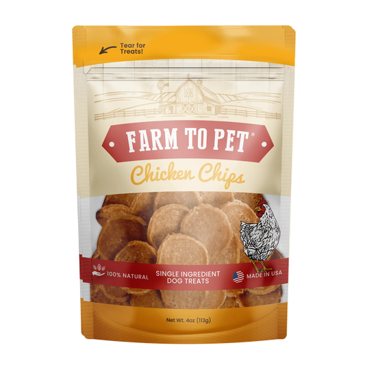 Farm To Pet Chicken Chips for dogs 4oz bag, front of package
