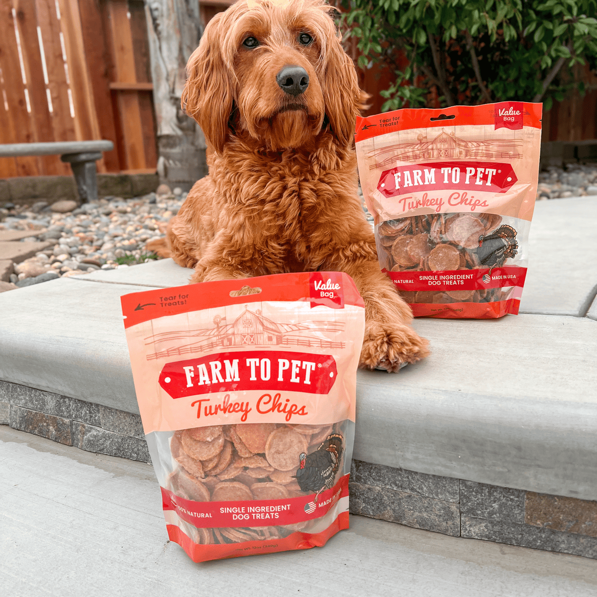 Two 12 oz value bags of Farm To Pet Turkey Chips