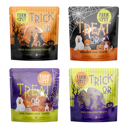 Four stand-up pouches of Farm of Pet Halloween dog treats arranged in a 2x2 grid on a white background. The packages feature orange, black, purple, and yellow Halloween-themed designs with illustrations of cats, dogs, pumpkins, ghosts, and spiderwebs.