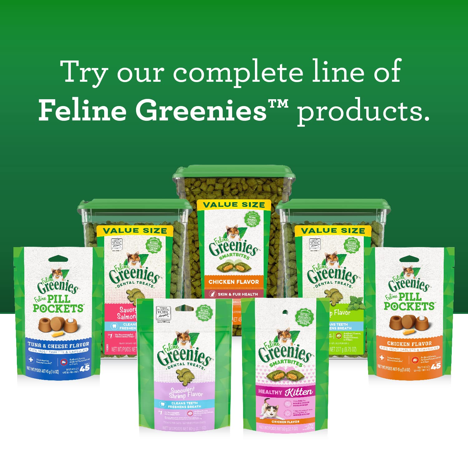 Assorted packages of Feline Greenies cat treats on a white background with a green banner.