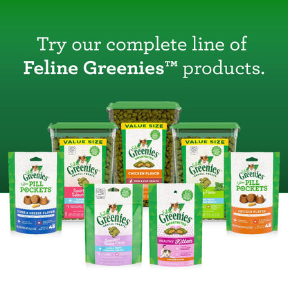 Assorted packages of Feline Greenies cat treats on a white background with a green banner.