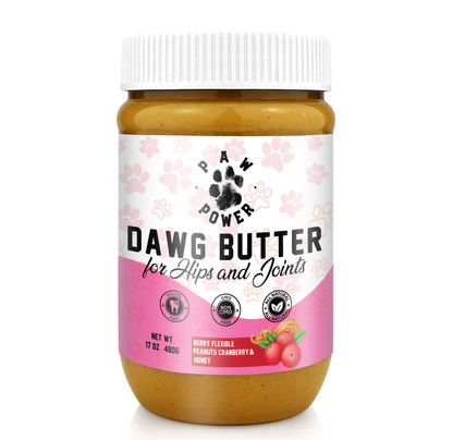 Dawg Butter Berry Flexible hip and joint peanut butter jar with cranberry on white background