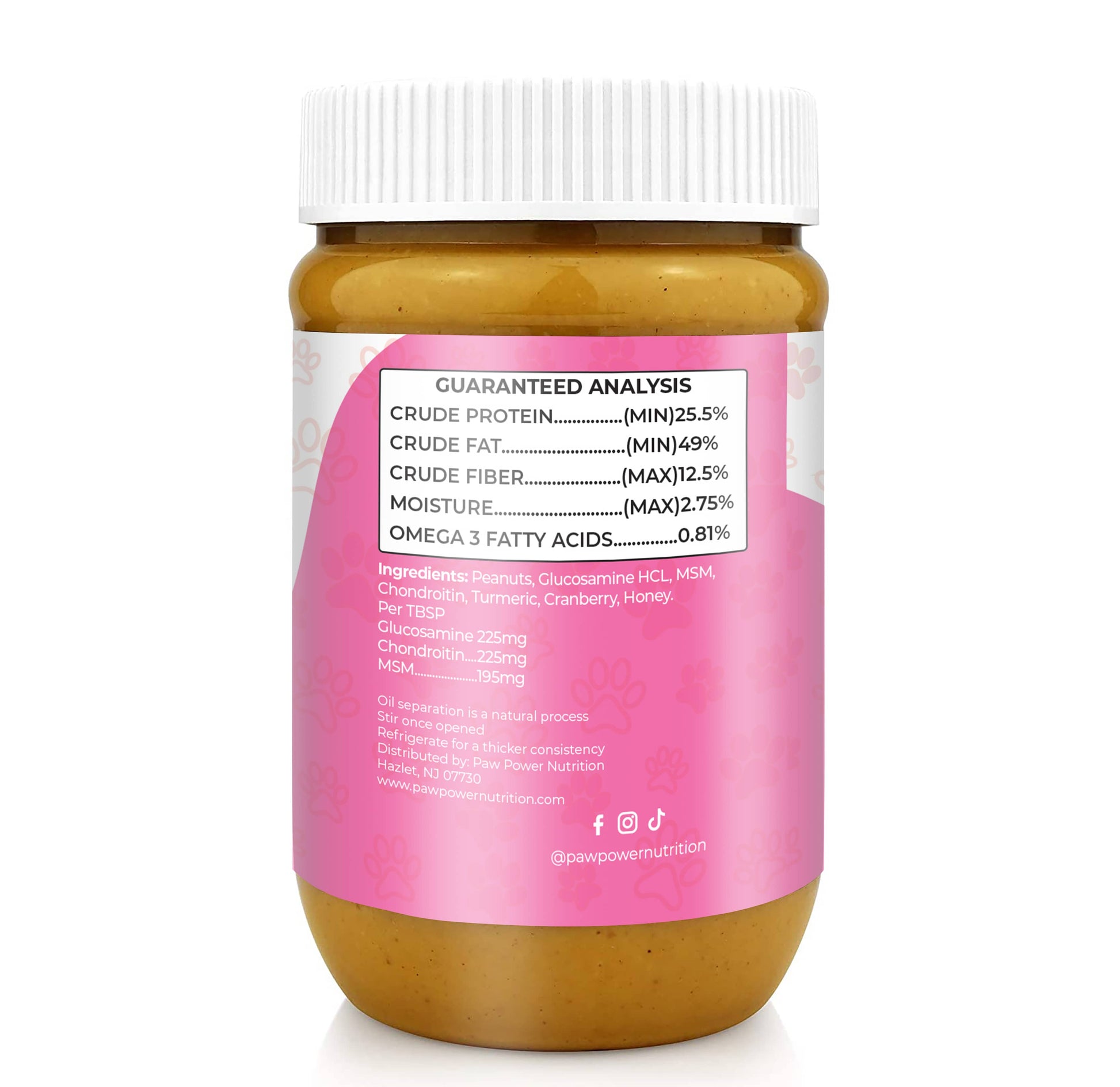 Senior dog with Dawg Butter Berry Flexible joint support peanut butter jar showing cranberry and honey ingredients