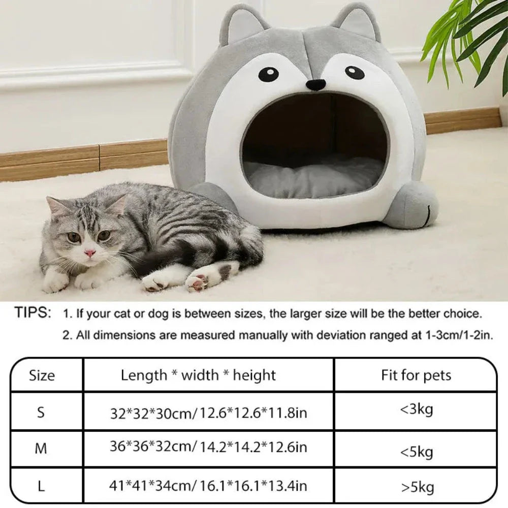 Cat lying on a gray pet bed shaped like a wolf, with product dimensions table below.