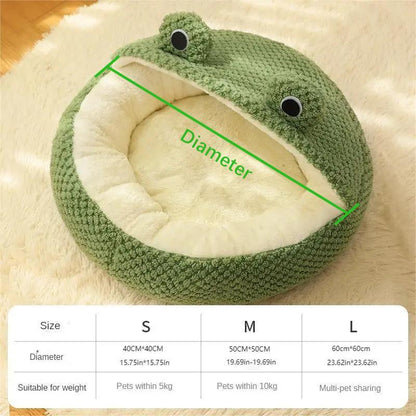 Cozy Frog Haven Pet Bed: Plush, frog-shaped comfort for all pet sizes. Versatile design fits any home space. Unique, snug sleeping environment for furry friends.