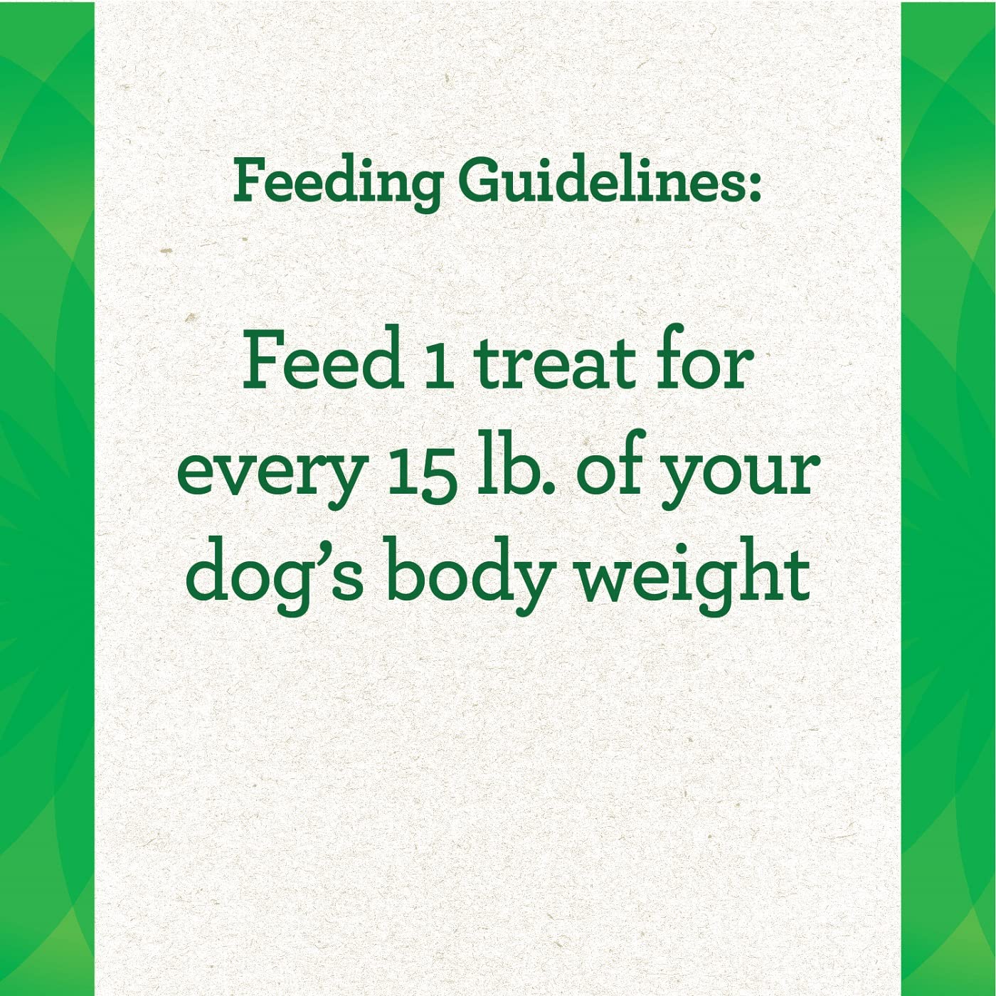 Photo of GREENIES Pill Pockets feeding guidelines on a textured white background with green text and border, showing “feed 1 treat per 15 lb of dog’s body weight”