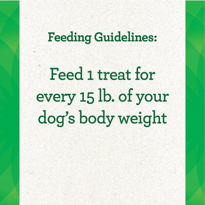 Photo of GREENIES Pill Pockets feeding guidelines on a textured white background with green text and border, showing “feed 1 treat per 15 lb of dog’s body weight”