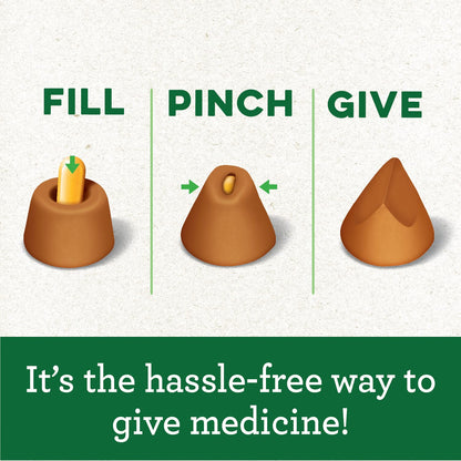 Instructions for using a medicine dropper with text 'Fill', 'Pinch', 'Give' on a light gray background.