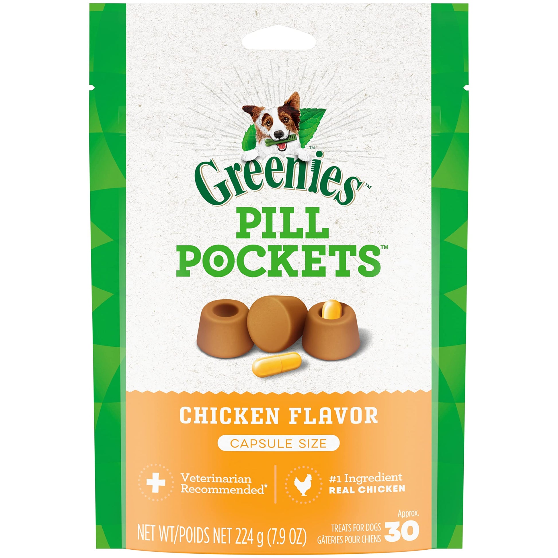 GREENIES Pill Pockets capsule-size dog treats, chicken flavor, for hiding pills and making medication time easy and enjoyable.