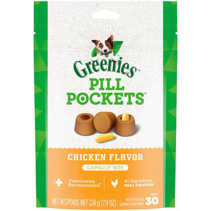 GREENIES Pill Pockets capsule-size dog treats, chicken flavor, for hiding pills and making medication time easy and enjoyable.