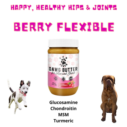 Happy healthy dog enjoying Dawg Butter Berry Flexible hip and joint peanut butter treat outdoors