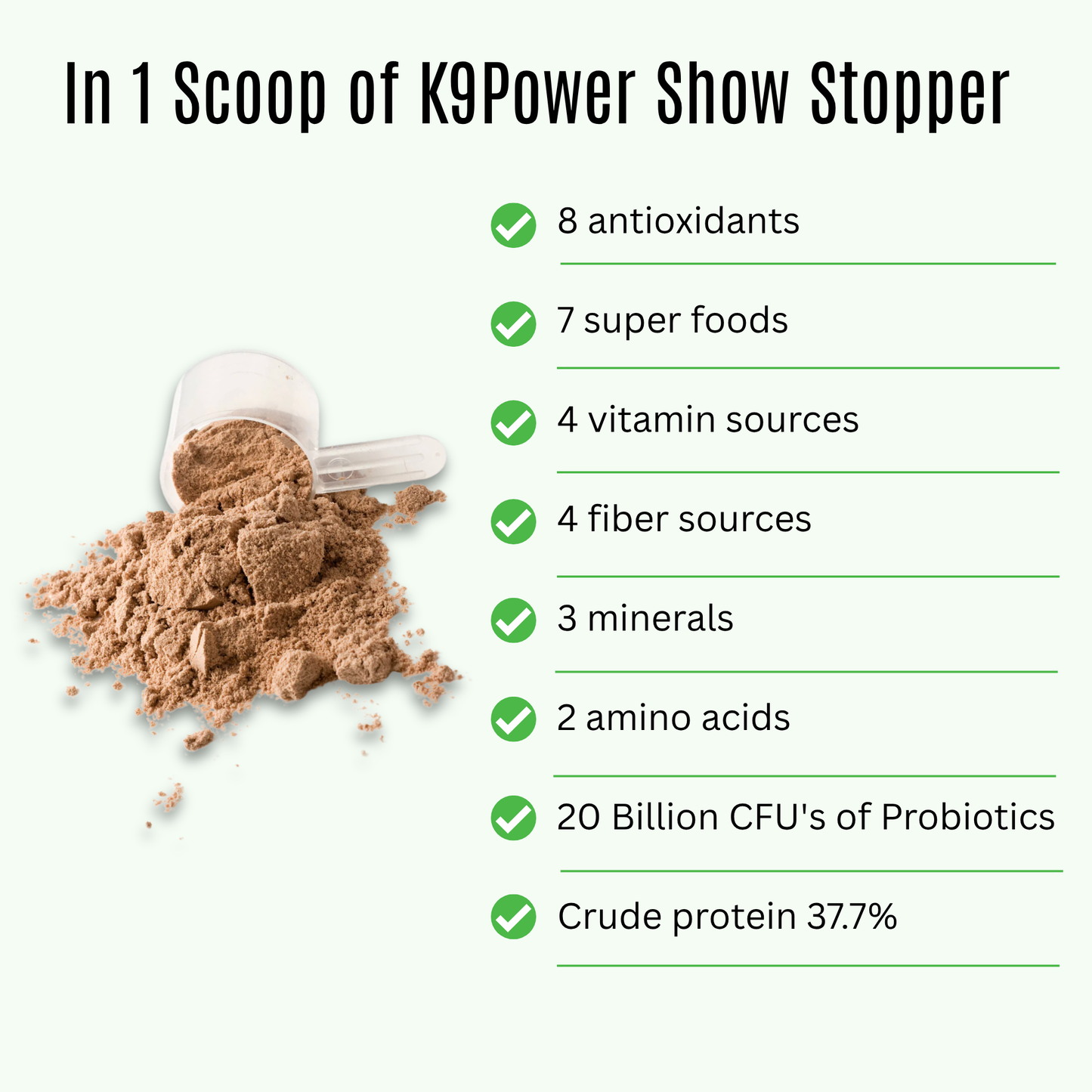 Infographic of 9 skin, coat, and allergy benefits in K9 Power Show Stopper dog supplement