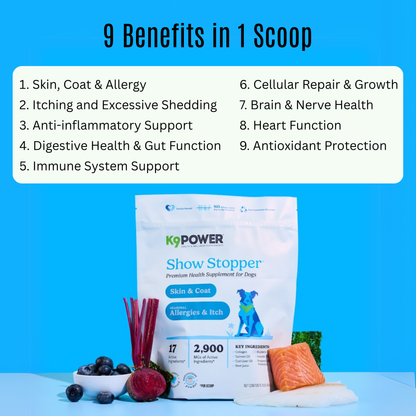 Close-up of K9 Power Show Stopper powder scoop and ingredients for dog coat health