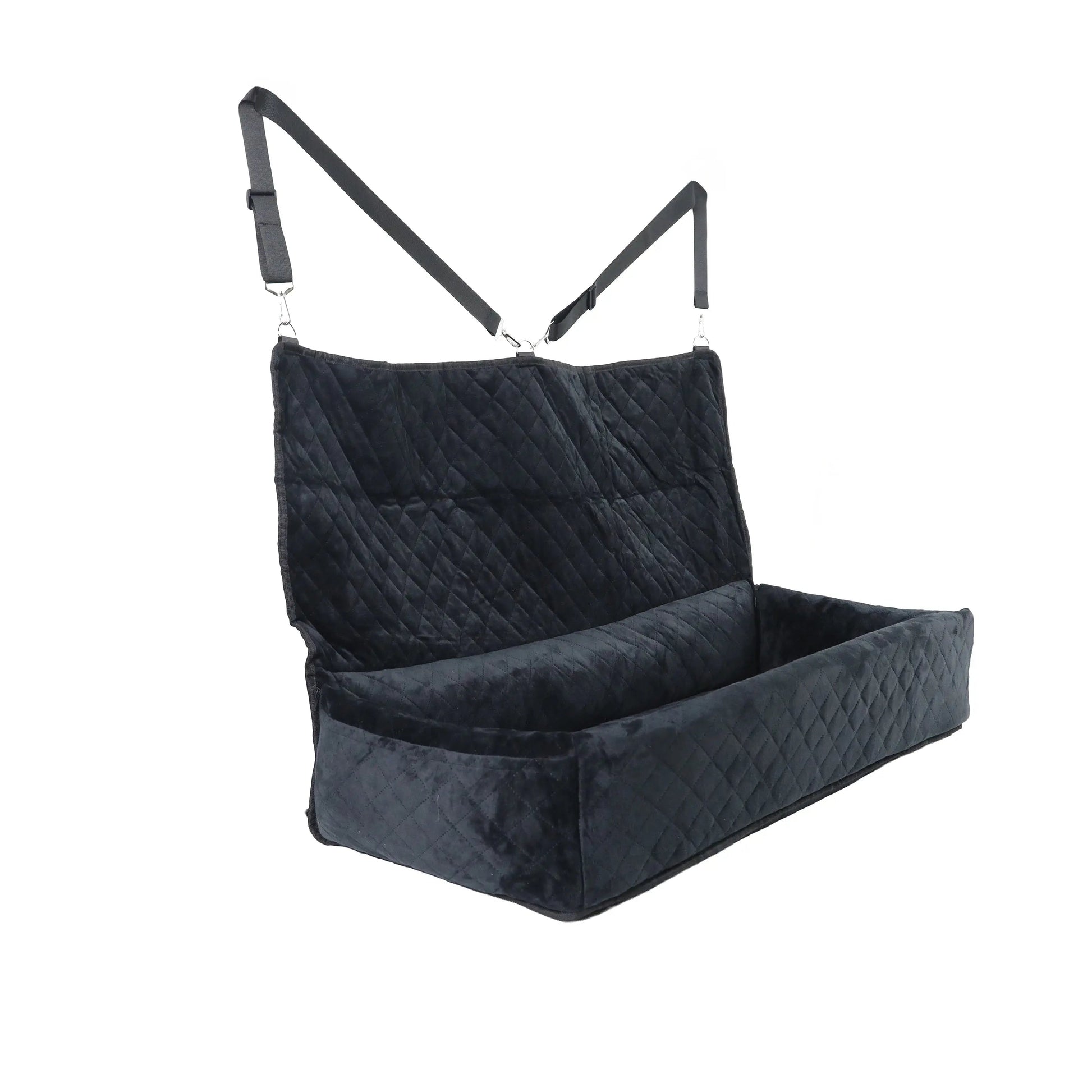Huntley dog car seat for large breeds — black quilted velvet booster seat with safety tether clips, machine-washable pet travel bed
