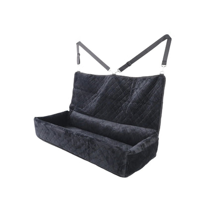 Huntley Pet dog car seat large dogs — black velvet booster back seat detail view showing side storage pocket and anti-slip base