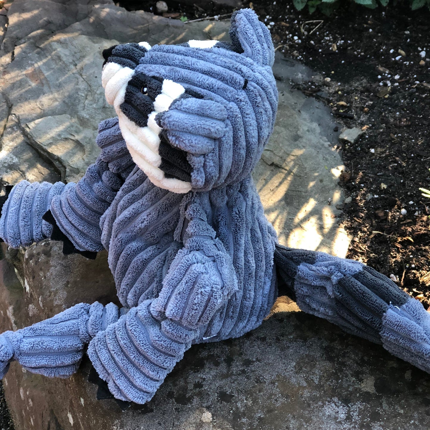 HuggleHounds Reggie Raccoon Knottie® plush dog toy with soft fabric and playful raccoon design for dogs.