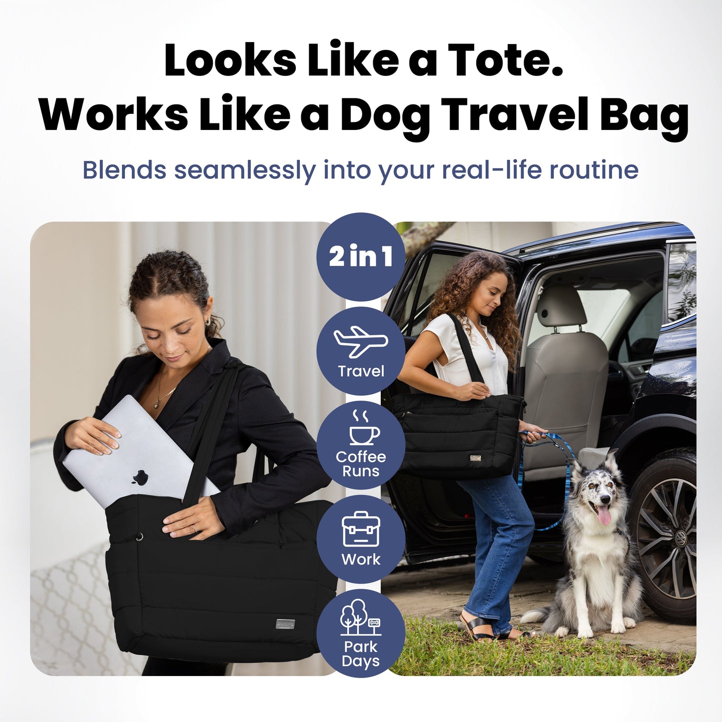 Rubyloo Puffer Dog Mom Tote bag exterior – quilted wipeable nylon in Black