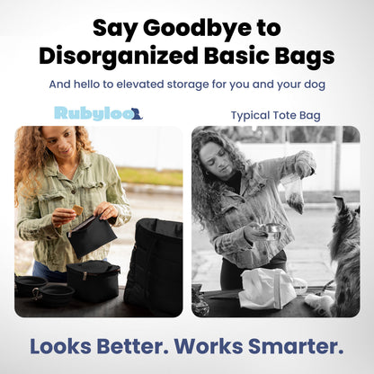 Puffer Dog Mom Travel Tote – 9 Pockets, Built-In Dog Bowls, Wipeable | Rubyloo