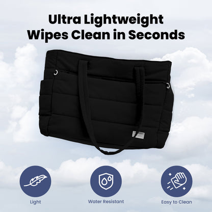 Puffer Dog Mom Travel Tote – 9 Pockets, Built-In Dog Bowls, Wipeable | Rubyloo