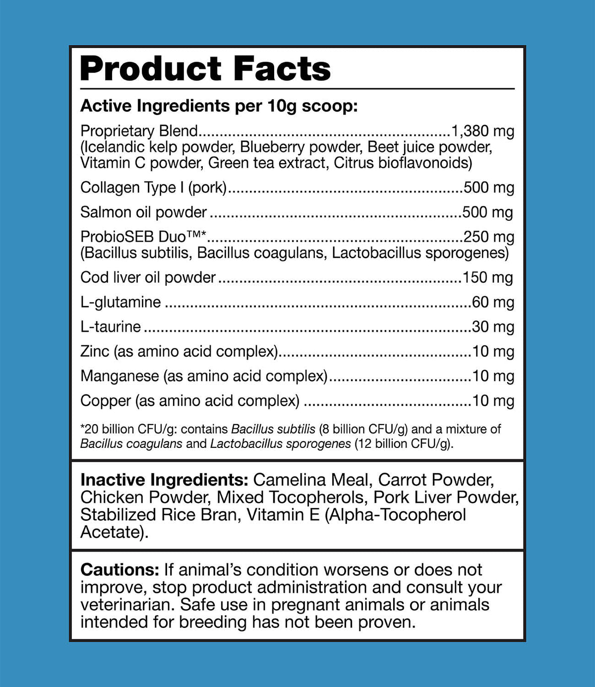 K9 Power Show Stopper supplement facts and ingredient label for dog skin and coat supplement