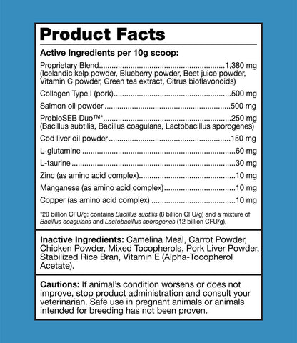 K9 Power Show Stopper supplement facts and ingredient label for dog skin and coat supplement