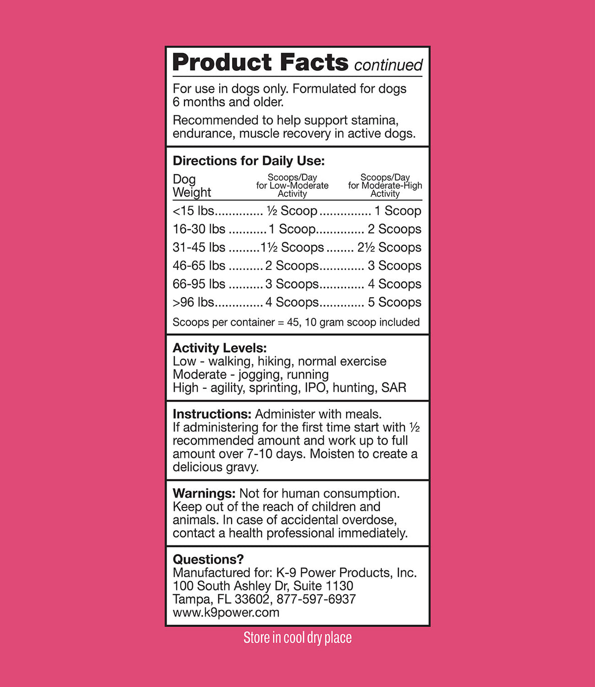 K9 Power Super Fuel performance supplement additional product highlights