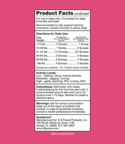 K9 Power Super Fuel performance supplement additional product highlights