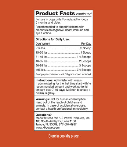 K9 Power Young At Heart ingredient sourcing and quality details for senior dog supplement