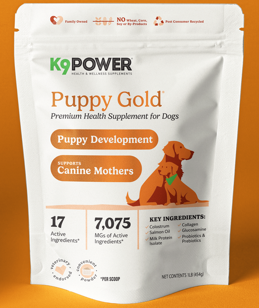 K9 Power Puppy Gold complete nutrition supplement bag for puppies and breeding mothers