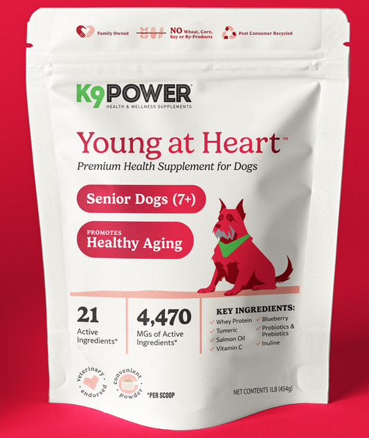 K9 Power Young At Heart senior dog supplement bag, 12-in-1 healthy aging formula for dogs 7+