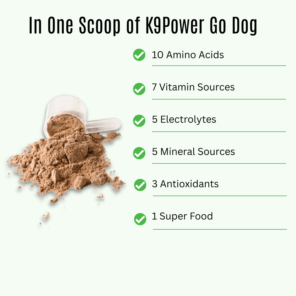 Close-up of K9 Power Go Dog powder scoop and electrolyte ingredients for active dogs