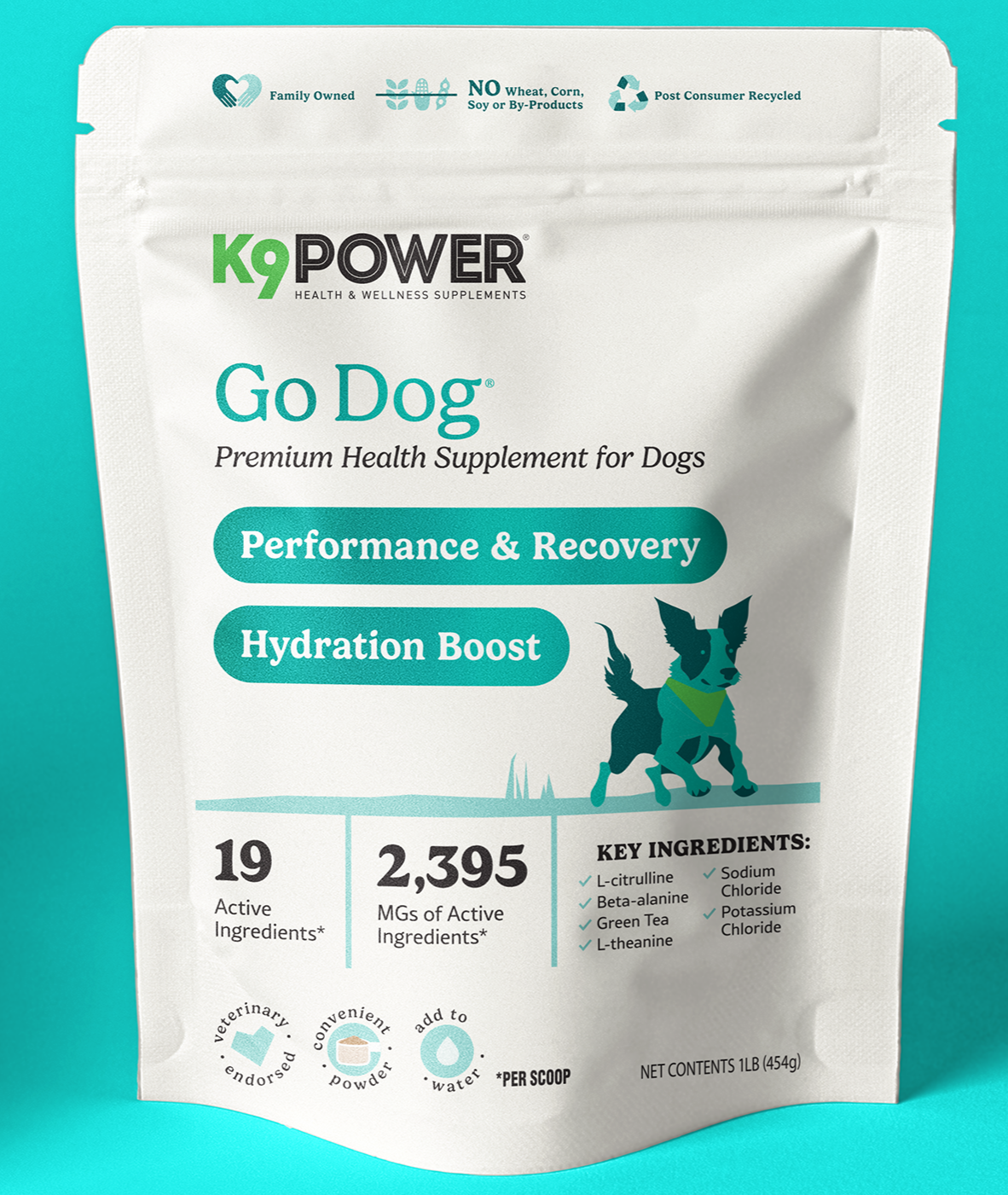K9 Power Go Dog hydration and electrolyte supplement bag for active dogs