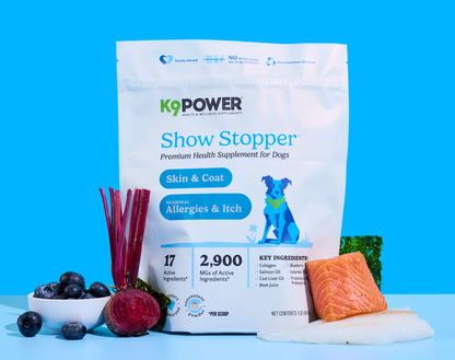 K9 Power Show Stopper 2x award-winning dog skin and coat supplement badge