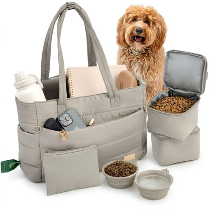Puffer Dog Mom Travel Tote – 9 Pockets, Built-In Dog Bowls, Wipeable | Rubyloo