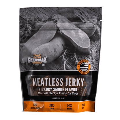 Package of Meatless Jerky Hickory Smoke flavor for dogs with Chewmax branding.