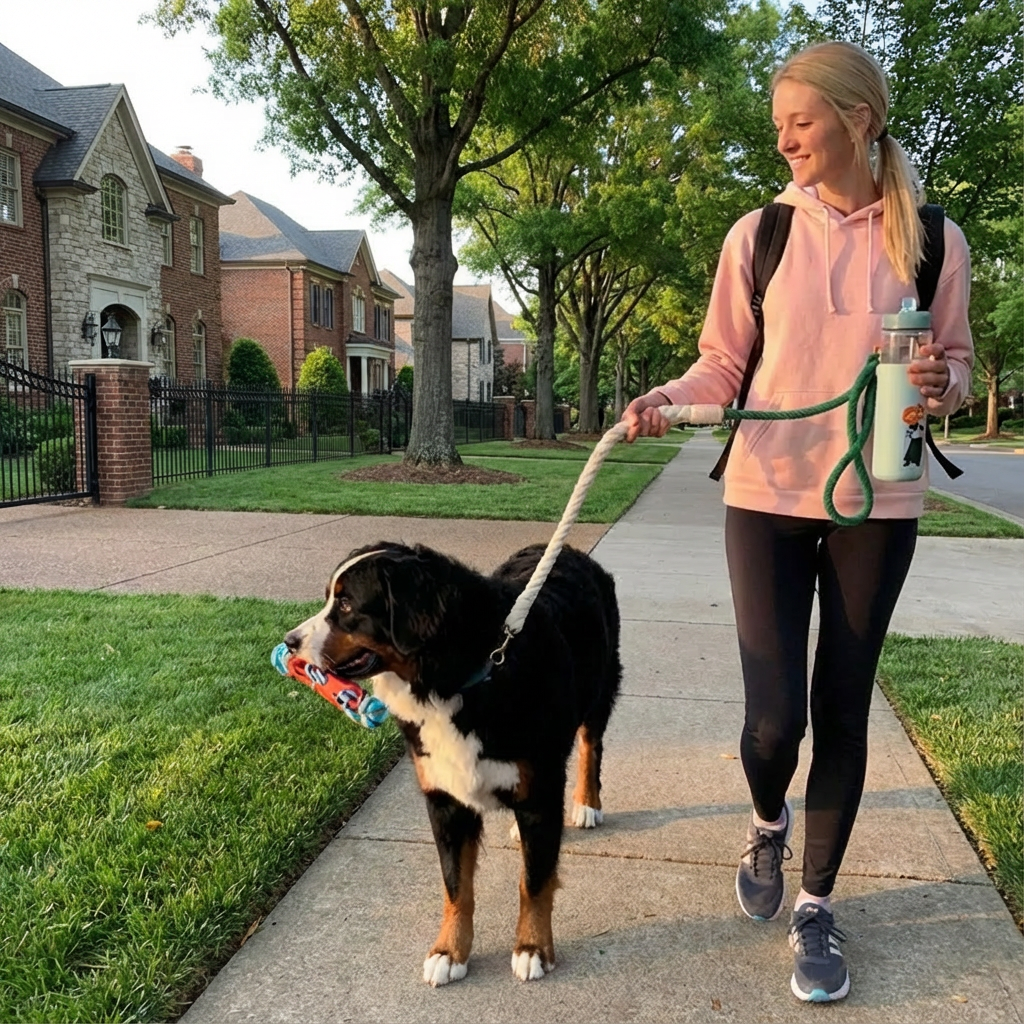 Woman walking a dog using th Emerald Explorer: The Verdant Voyager Green Rope Leash in a suburban Nashville neighborhood