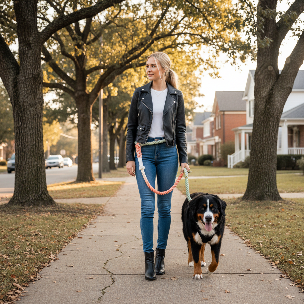Woman walking a large dog using the Bubble Soda hands-free dog rope leash worn around the waist. The 100% cotton ombré leash features a vibrant pink and green gradient, perfect for stylish, hands-free pet walking.