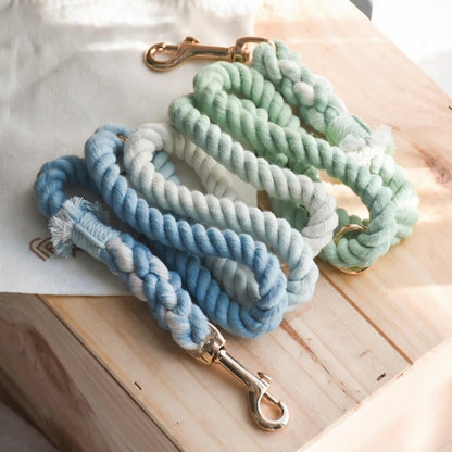 Three braided cotton rope dog leashes featuring blue and green ombre dyes, hand-spliced ends with fringe detail, and durable gold-colored metal clips.