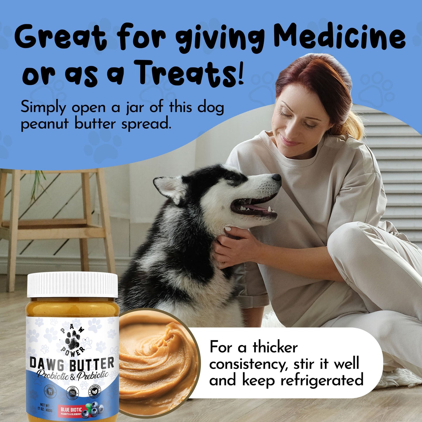 Dawg Butter Blue Biotic jar closeup showing 6 probiotic strains plus blueberry and prebiotic formula