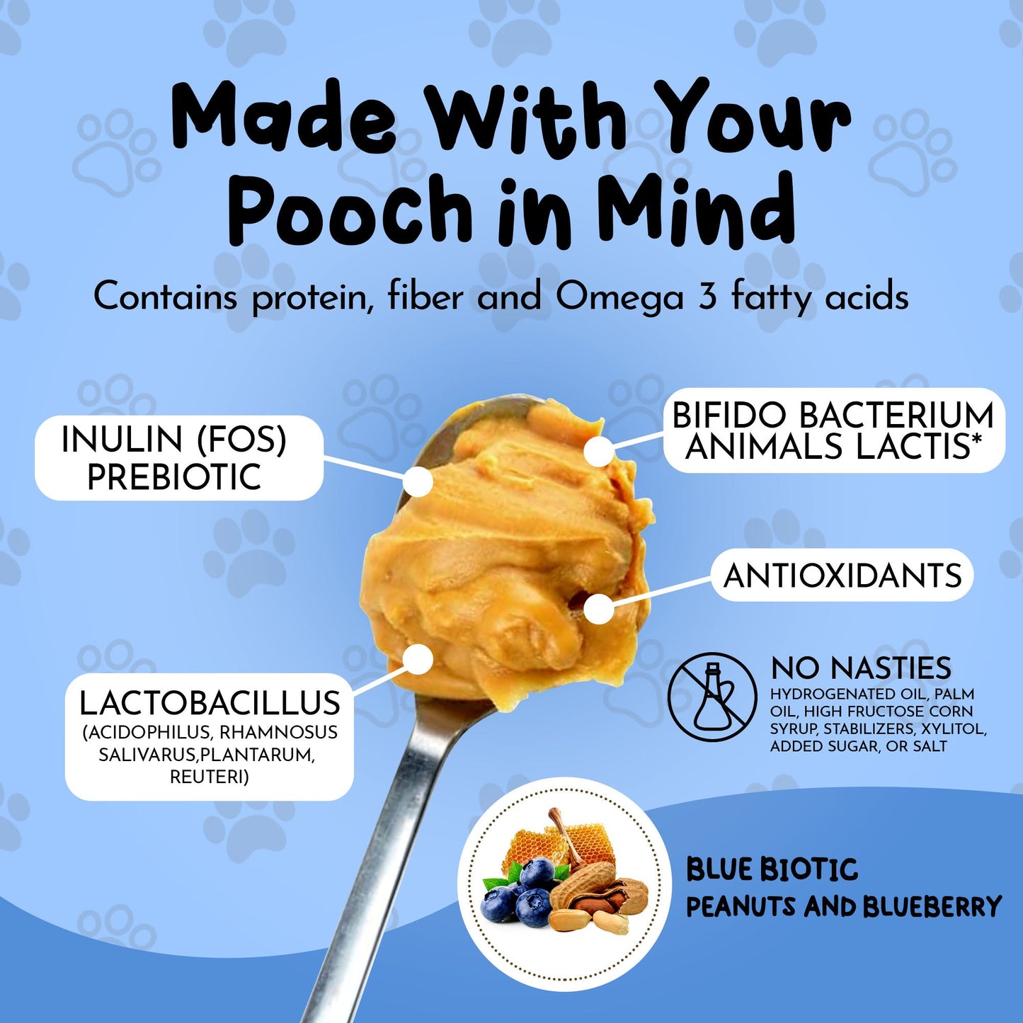 Dog licking Dawg Butter Blue Biotic blueberry probiotic peanut butter treat from a spoon