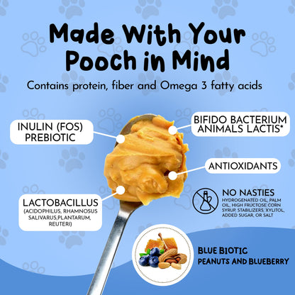 Dog licking Dawg Butter Blue Biotic blueberry probiotic peanut butter treat from a spoon