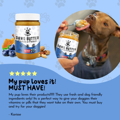 Active dog enjoying Dawg Butter Blue Biotic blueberry probiotic peanut butter treat outdoors