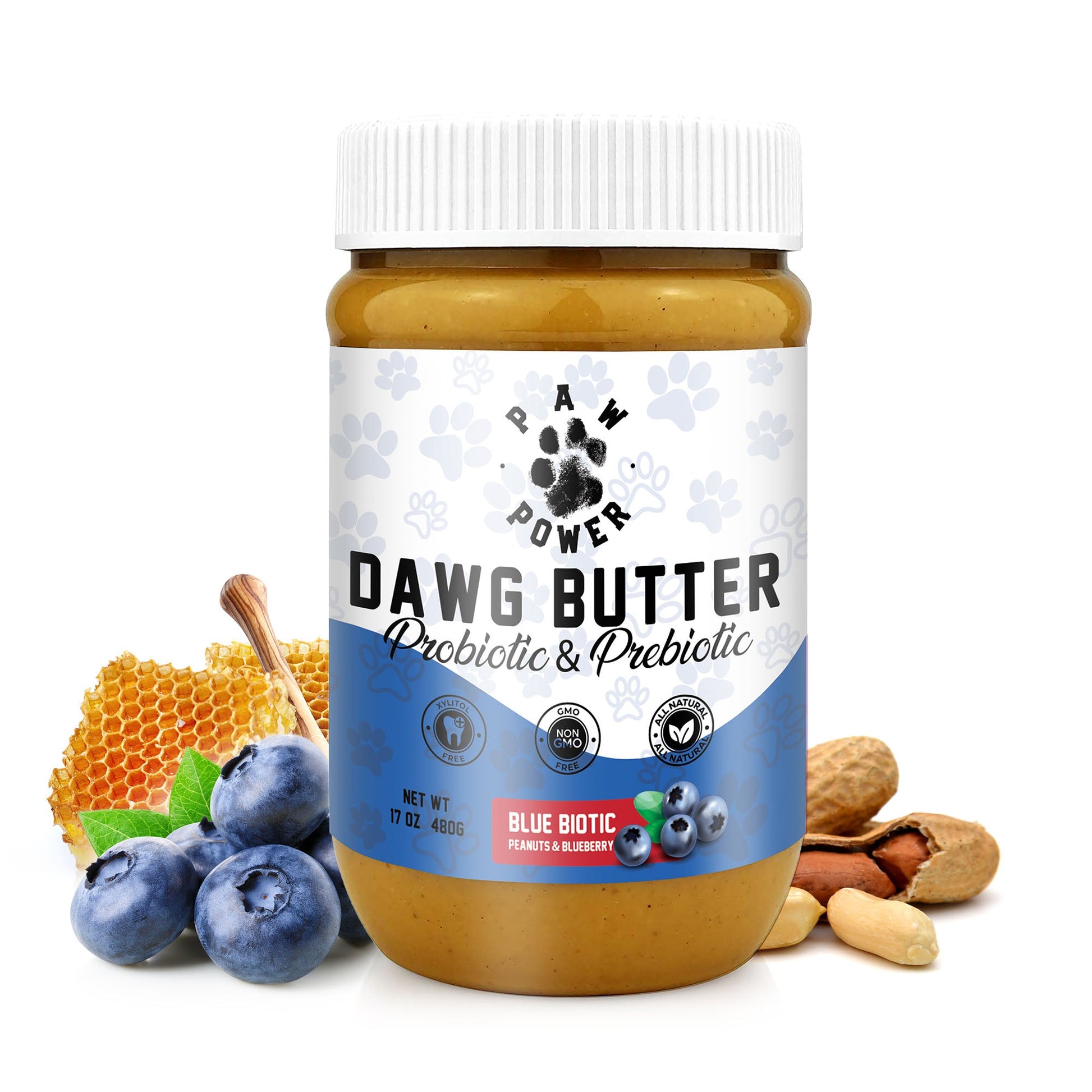 Dawg Butter Blue Biotic probiotic dog peanut butter main product lifestyle shot with happy dog