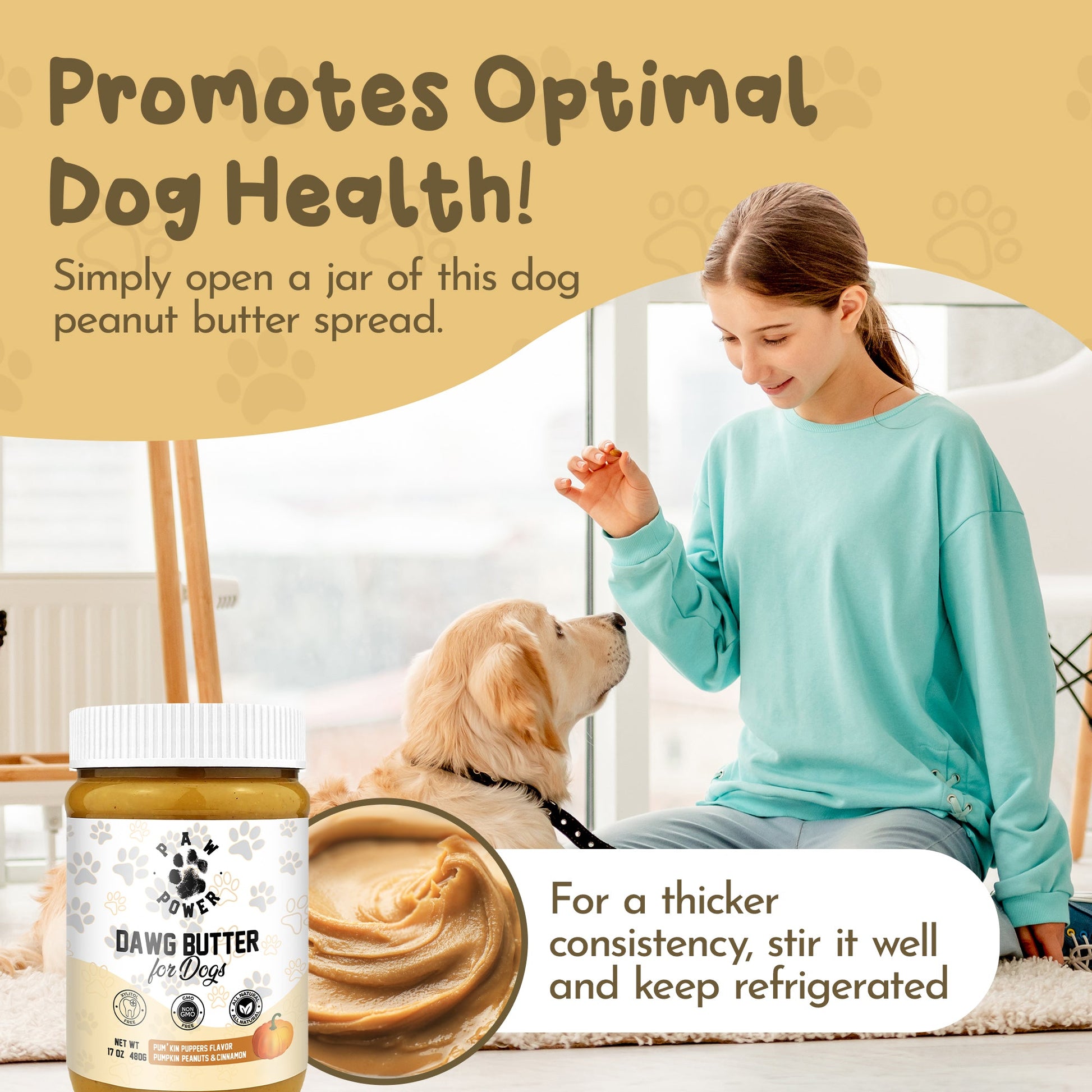 Dog owner sharing Dawg Butter Pum'kin Puppers pumpkin peanut butter treat with happy dog