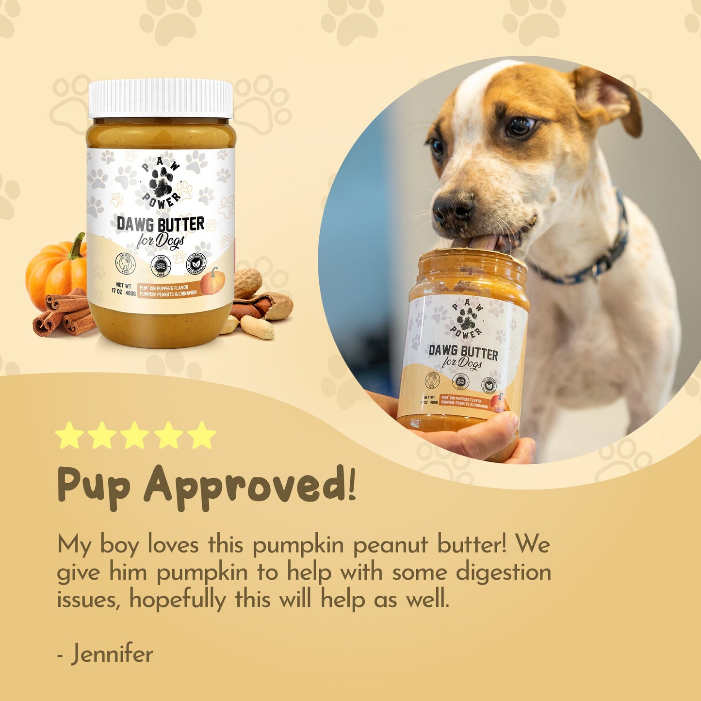 Active dog enjoying Dawg Butter pumpkin peanut butter treat from spoon outdoors